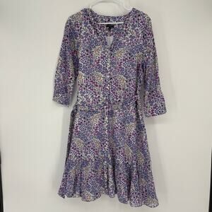 Talbots Petite Floral Print Button Front Belted Midi Dress Purple Blue Women 8P